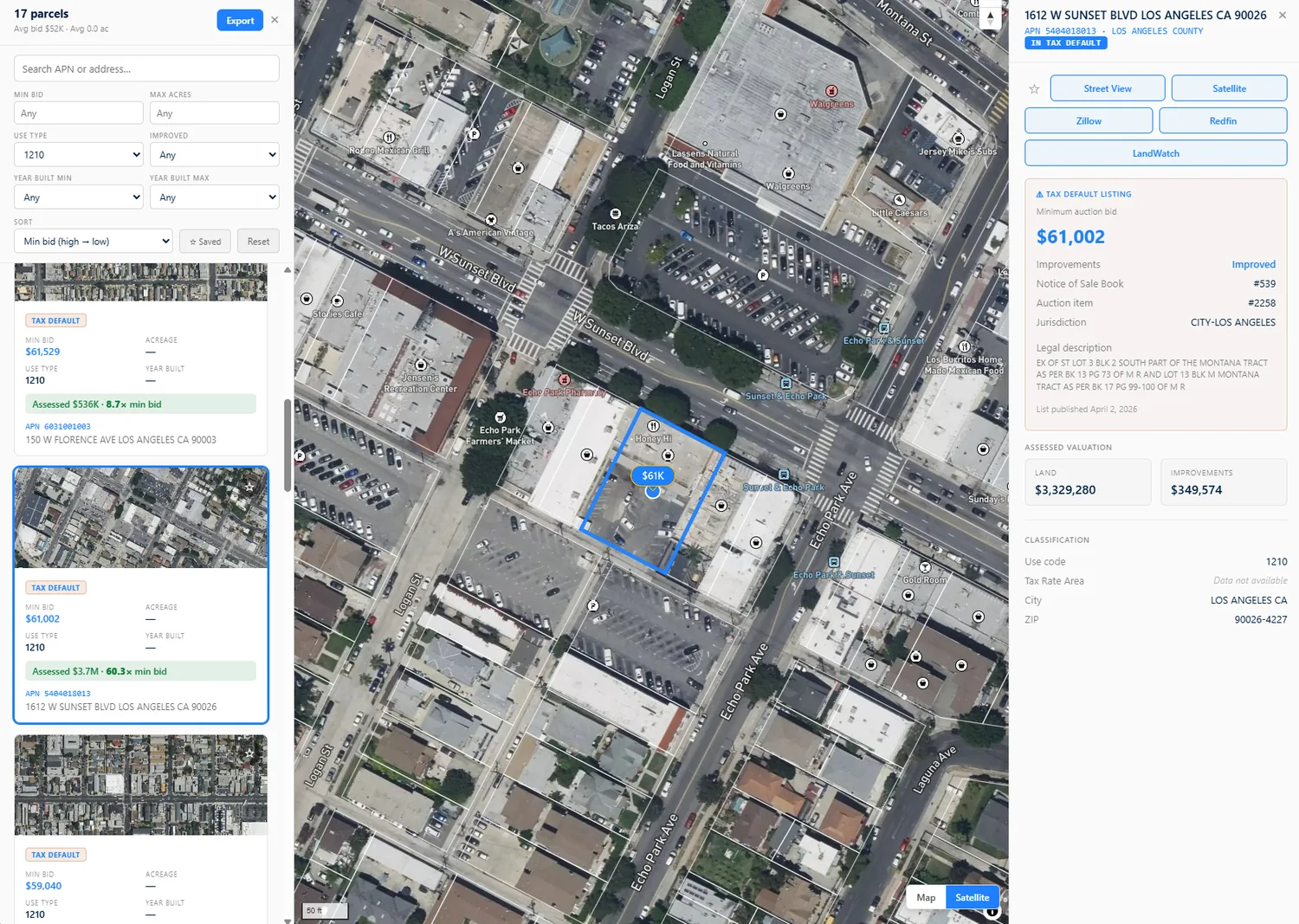 Commercial tax-default parcel on the BackLot map with auction and valuation details