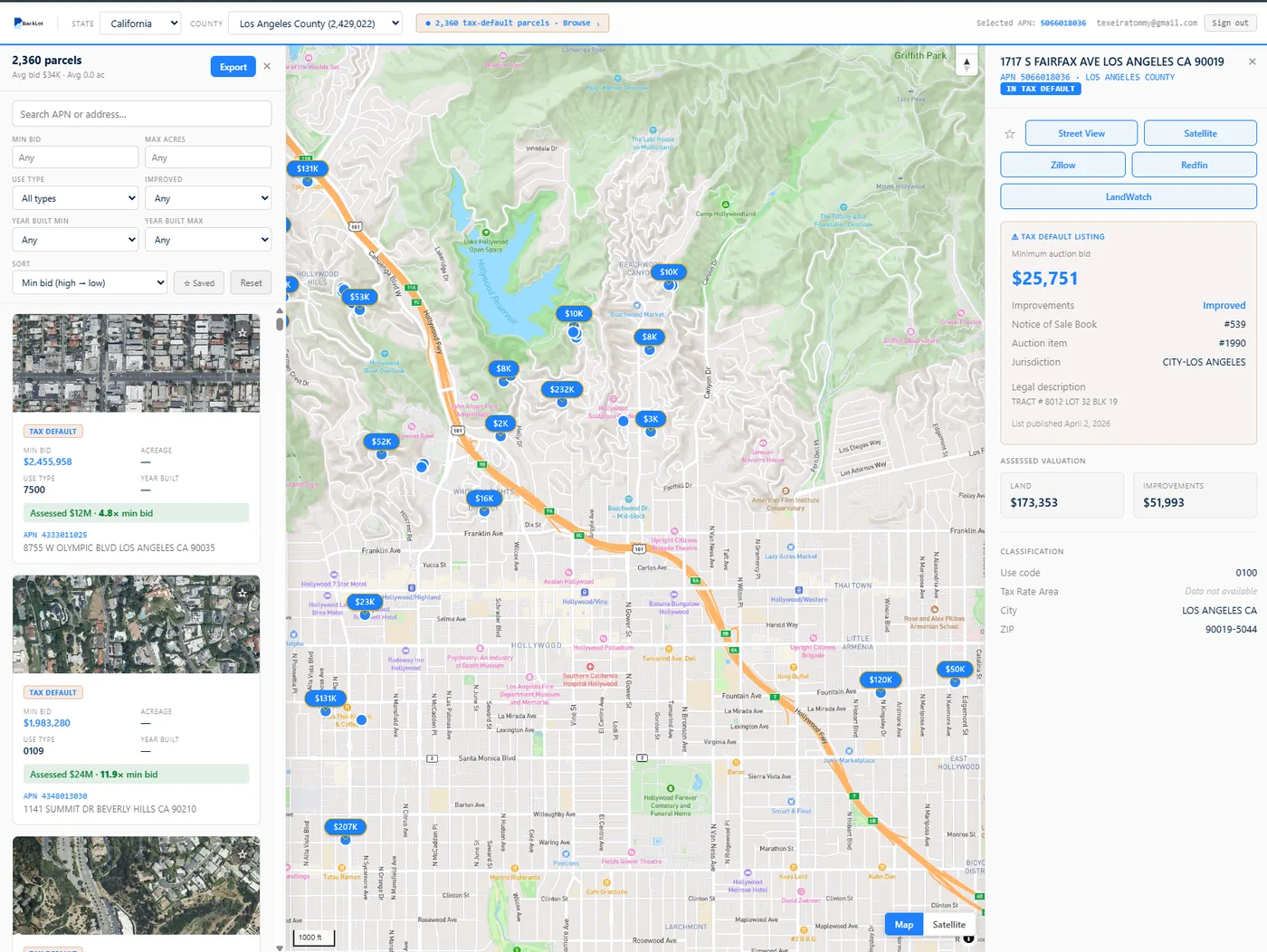 BackLot parcel workspace: Los Angeles County map with a selected tax-default parcel and its detail panel