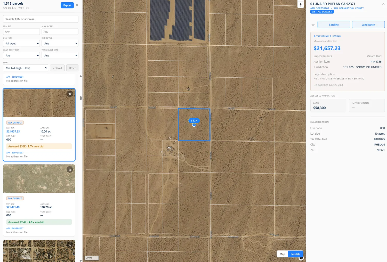 Vacant land tax-default parcel on the BackLot map showing acreage and value signals