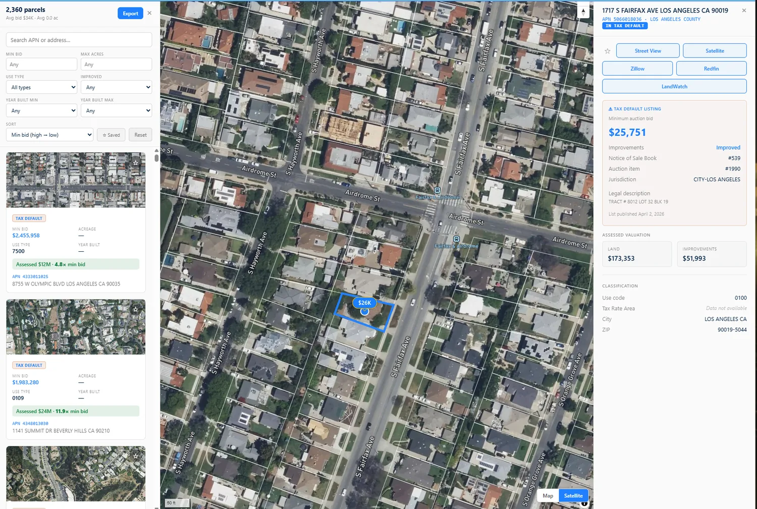 Residential tax-default parcel on the BackLot map with bid, APN and valuation